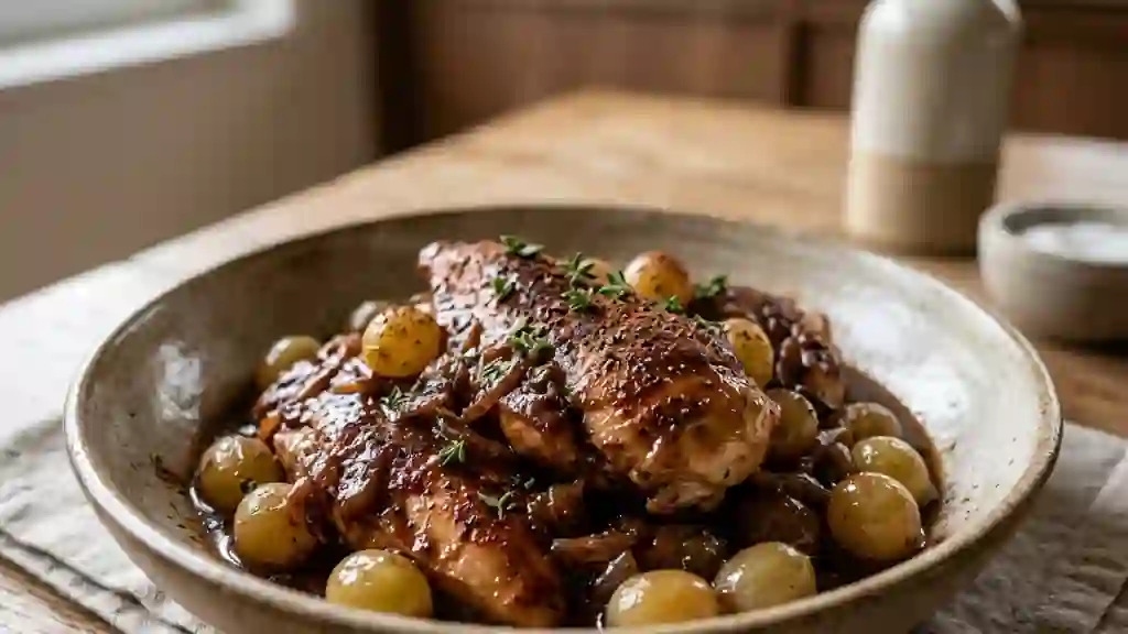 Poulet fondant au cacao et raisins juteux - Photo de présentation