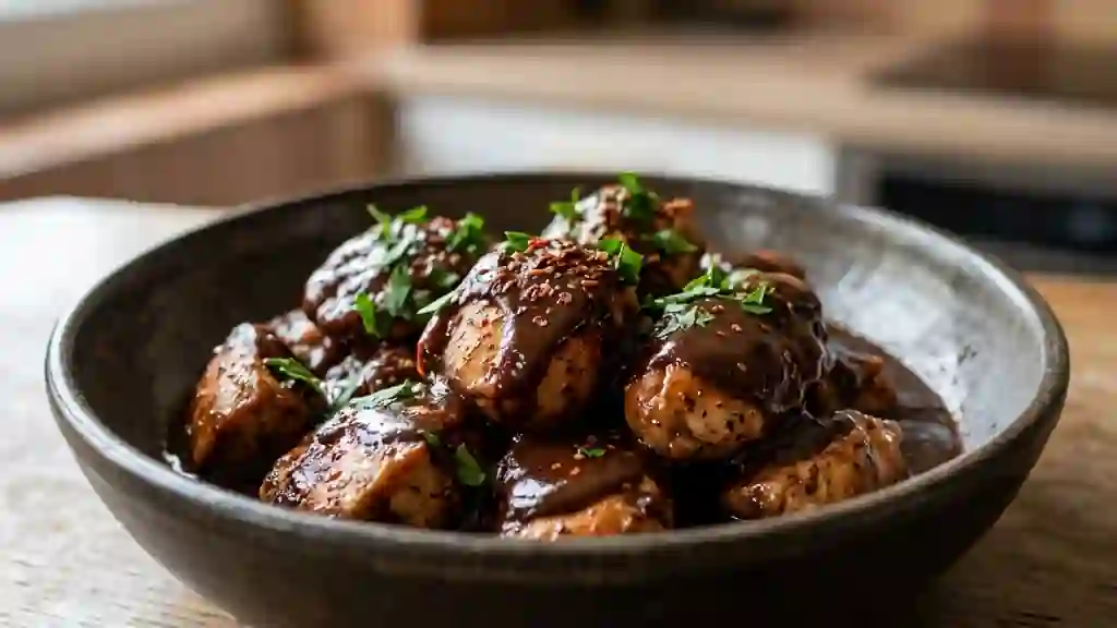 Poulet fondant au chocolat noir et épices - Photo de présentation