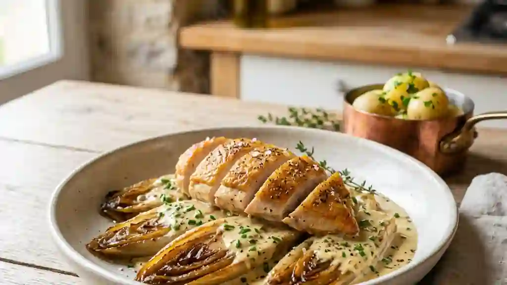 Poulet aux chicons fondants et crème moutardée - Photo de présentation