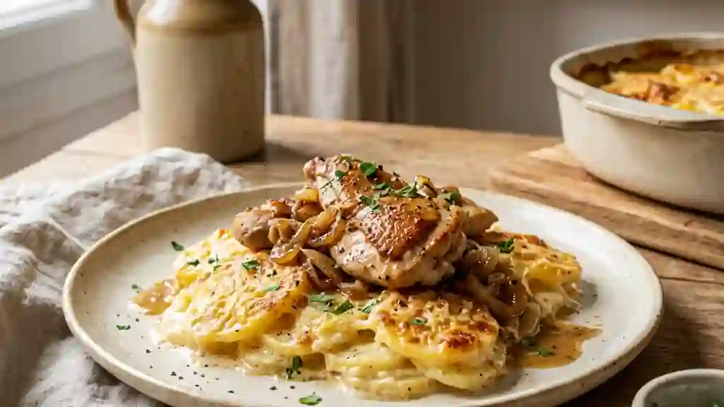 Poulet doré sur gratin de pommes de terre crémeux - Photo de présentation