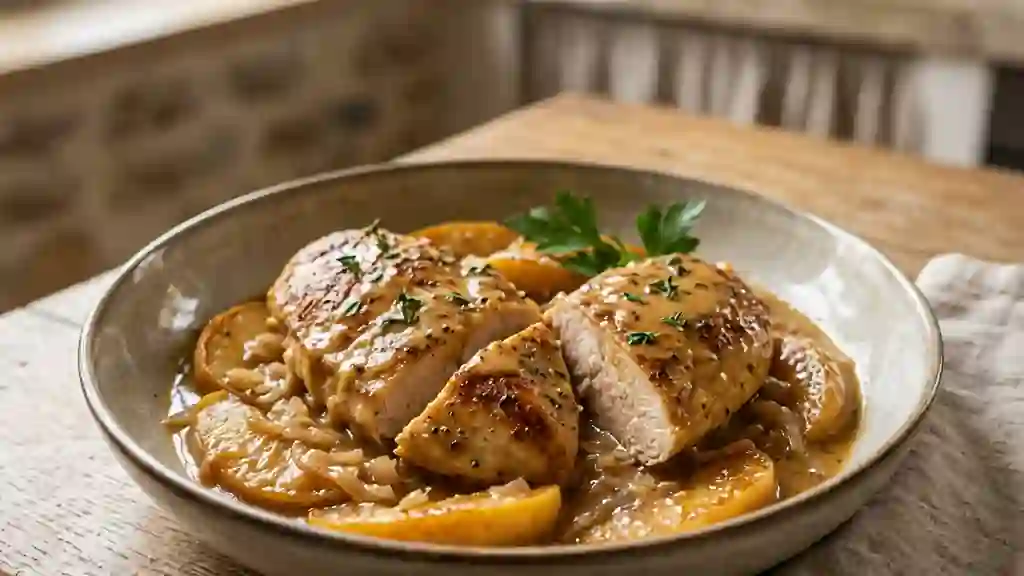 Poulet fondant au cidre et pommes caramélisées - Photo de présentation