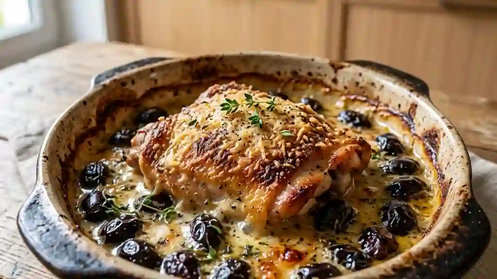 Poulet gratiné au parmesan et olives noires - Photo de présentation