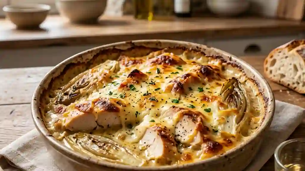 Poulet fondant et endives gratinées à la moutarde - Photo de présentation
