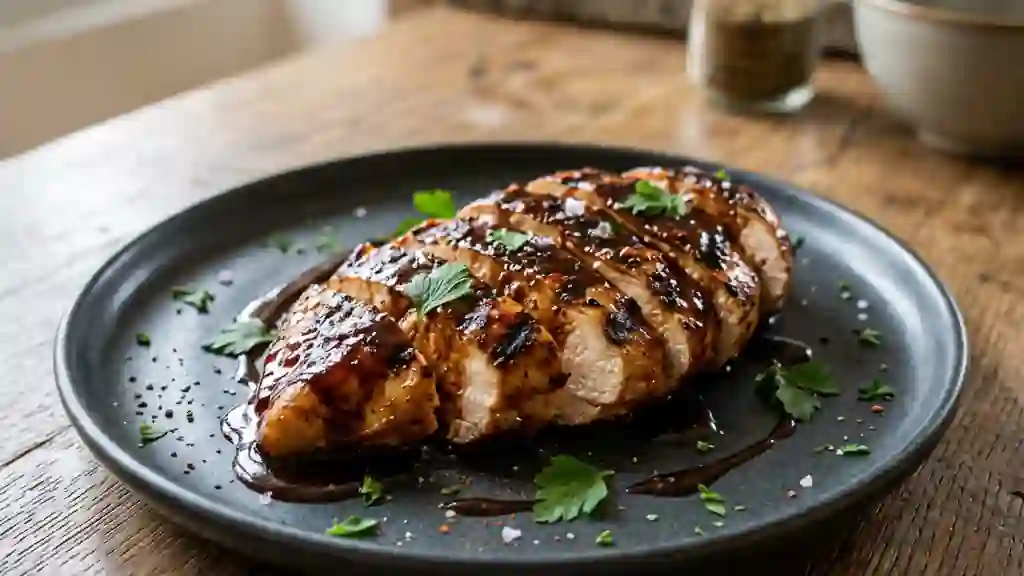 Poulet grillé au chocolat noir fondant - Photo de présentation