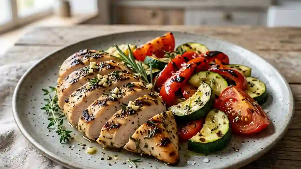 Poulet grillé aux herbes et légumes fondants - Photo de présentation