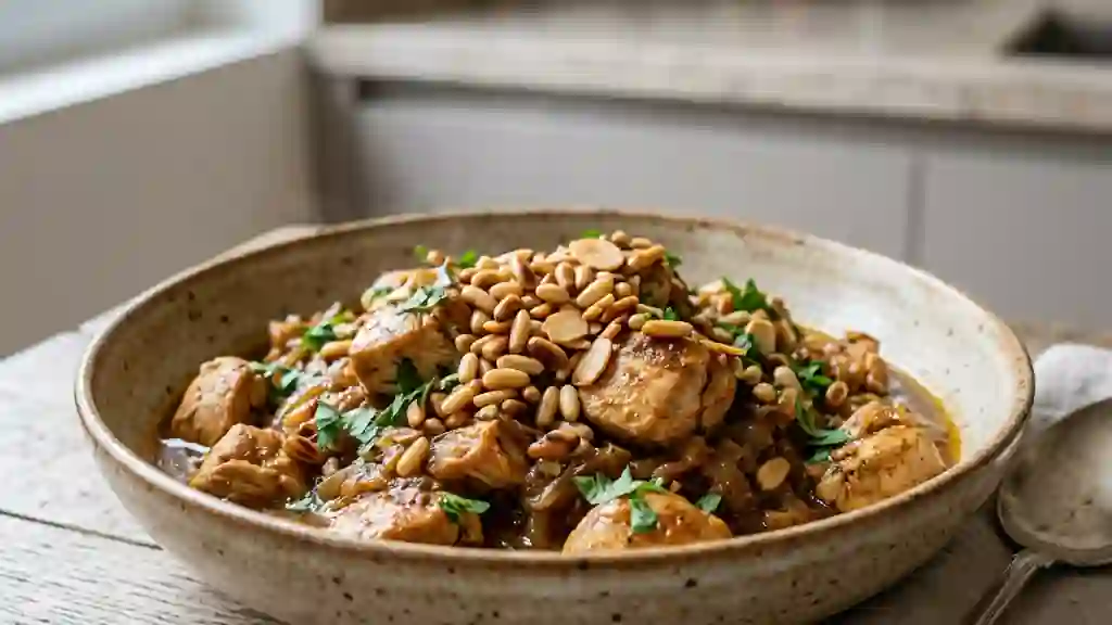 Poulet fondant aux amandes et pignons grillés - Photo de présentation