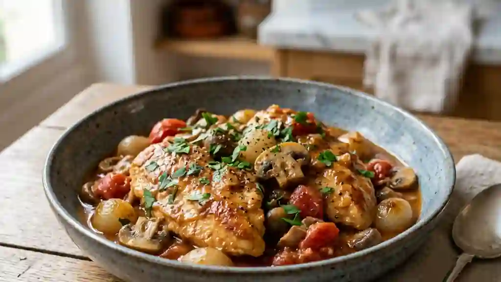 Poulet Marengo fondant aux petits oignons - Photo de présentation