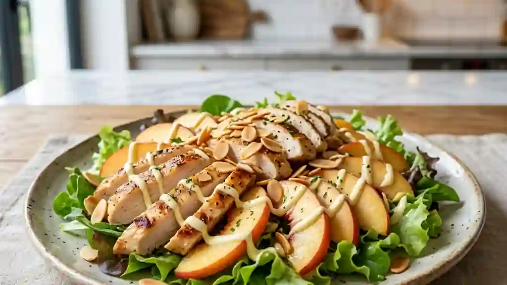 Poulet Melba fondant aux pêches et amandes - Photo de présentation