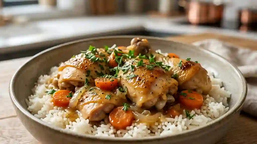 Poule au riz fondante et son jus réduit - Photo de présentation