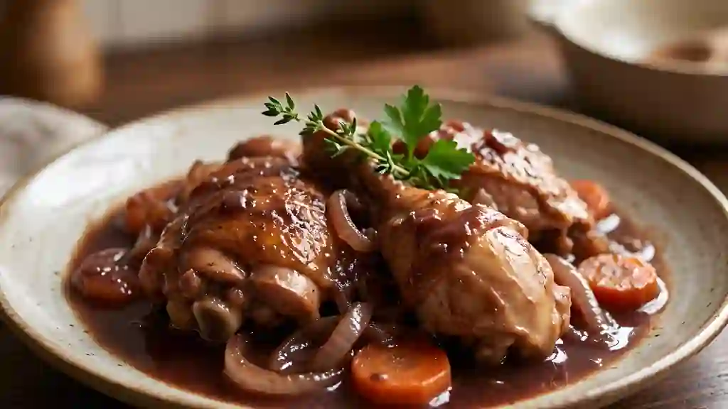 Poulet mijoté au vin rouge et aromates - Photo de présentation