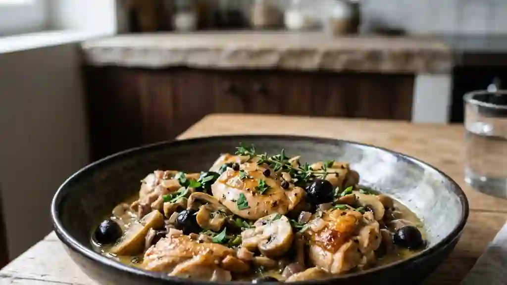 Poulet fondant aux champignons et olives - Photo de présentation