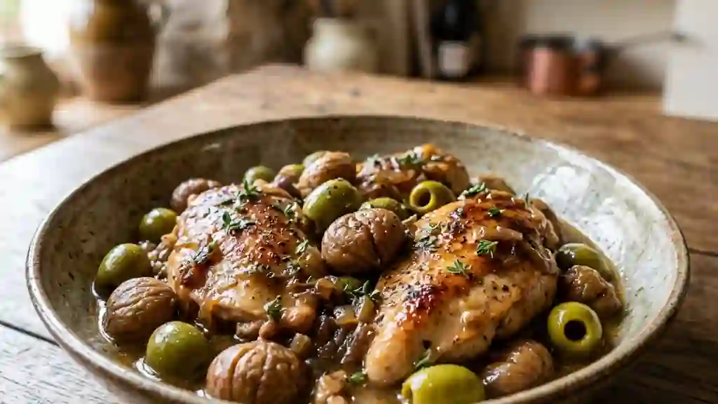 Poulet fondant aux châtaignes et olives vertes - Photo de présentation