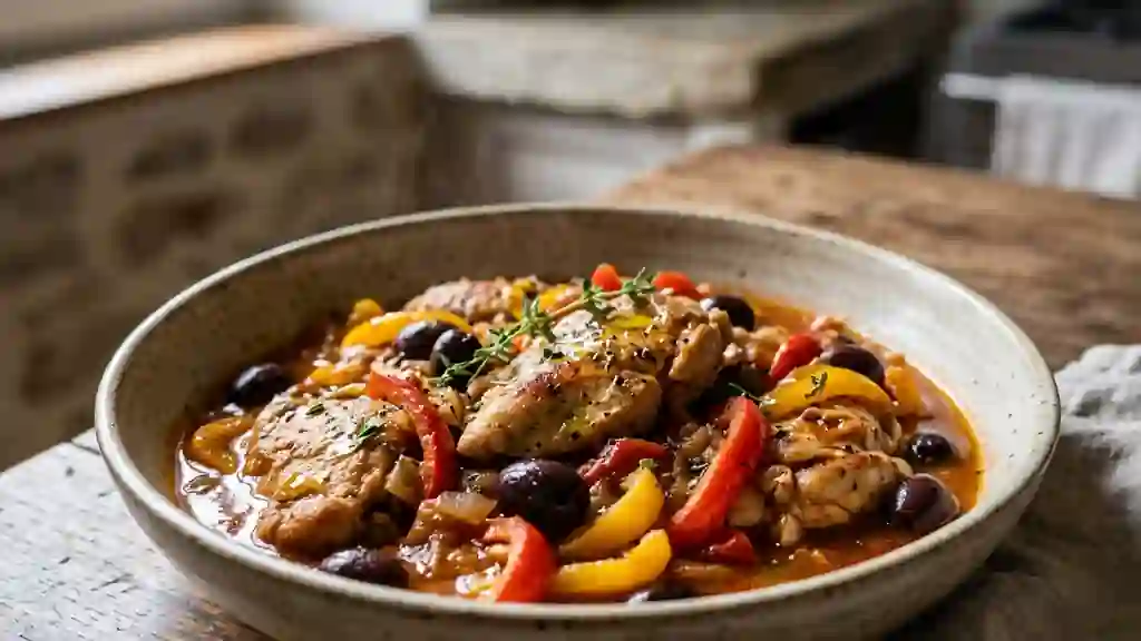 Poulet fondant aux olives et poivrons grillés - Photo de présentation