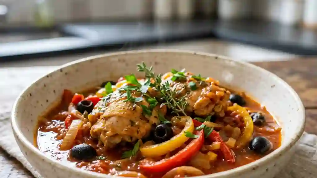 Poulet fondant aux poivrons et olives noires - Photo de présentation