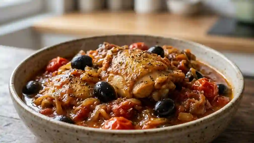 Poulet fondant aux tomates et olives noires - Photo de présentation