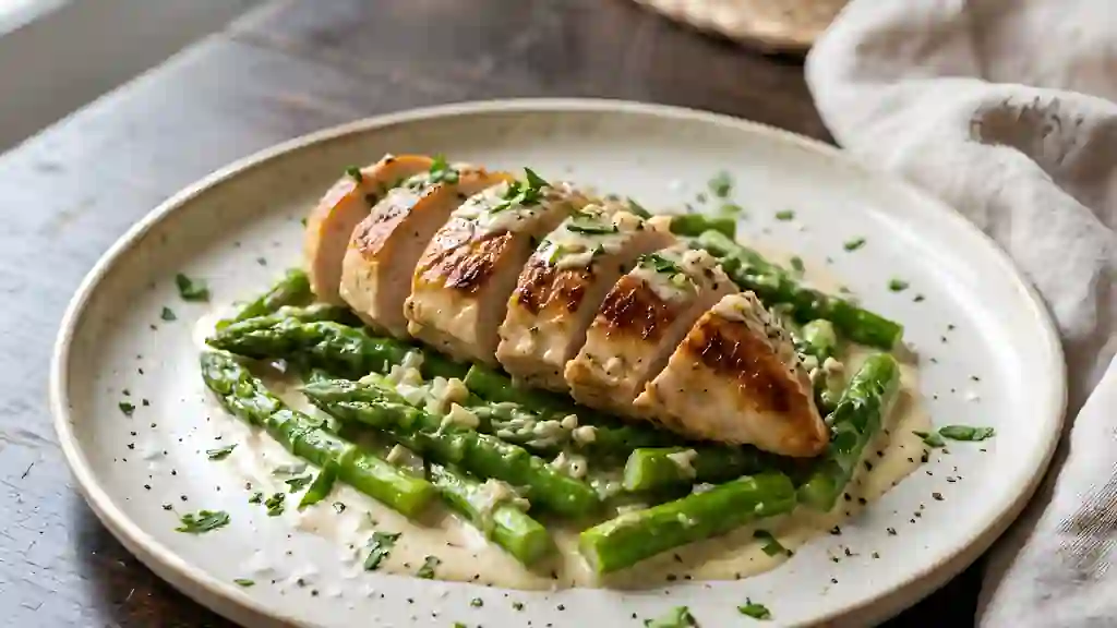 Poulet onctueux aux asperges et crème d'ail - Photo de présentation
