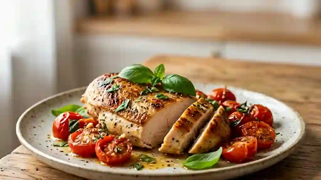 Poulet fondant aux tomates cerises et basilic - Photo de présentation