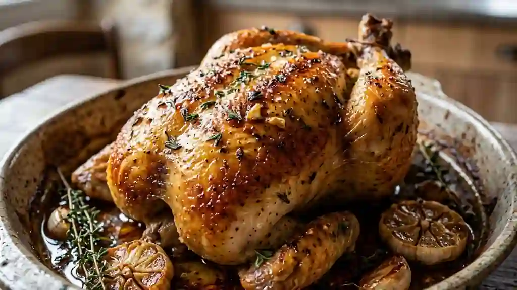 Poulet rôti au beurre d'ail et thym craquant - Photo de présentation