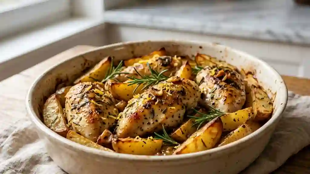 Poulet juteux au citron et pommes de terre rôties - Photo de présentation