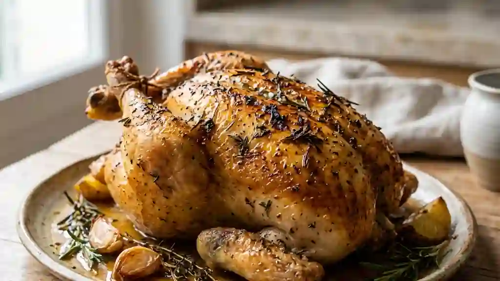Poulet rôti croustillant à l'ail et herbes - Photo de présentation