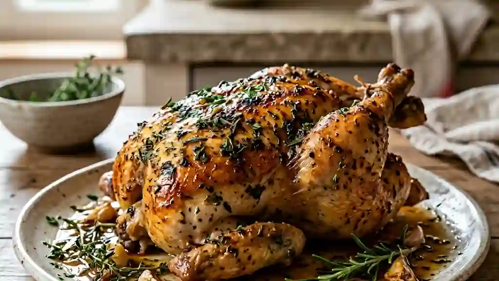 Poulet rôti croustillant aux herbes fraîches - Photo de présentation
