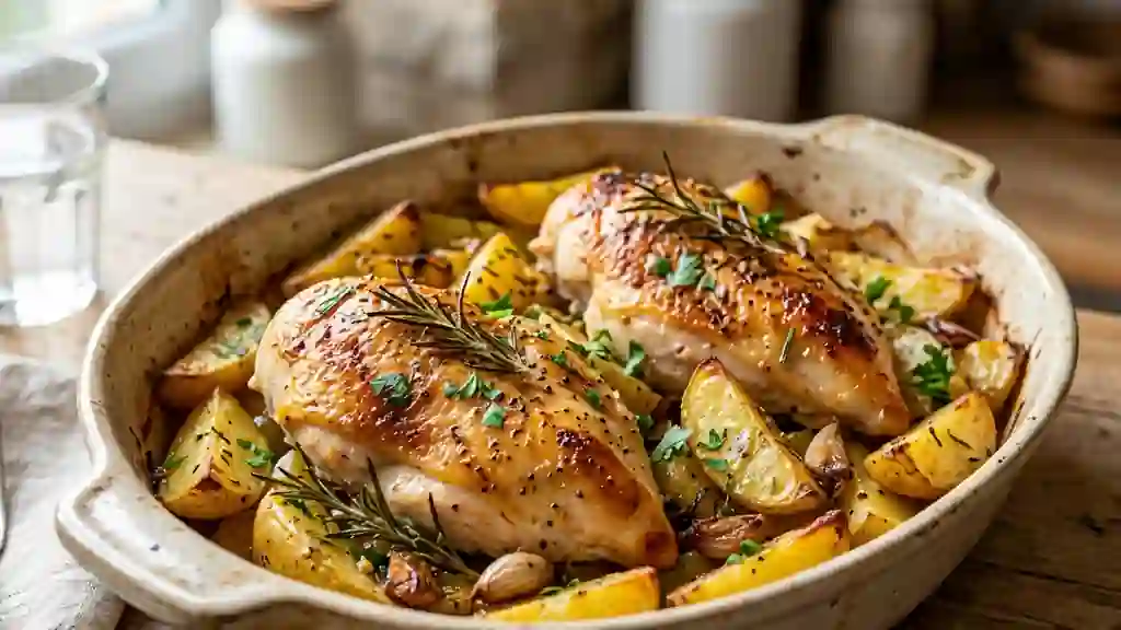 Poulet doré au romarin et pommes de terre fondantes - Photo de présentation