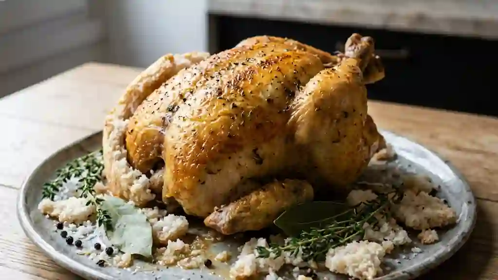 Poulet rôti en croûte de sel et herbes - Photo de présentation
