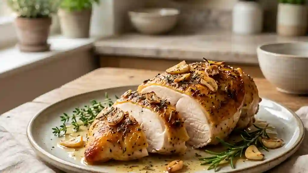Poulet fondant à l'ail en croûte d'herbes - Photo de présentation