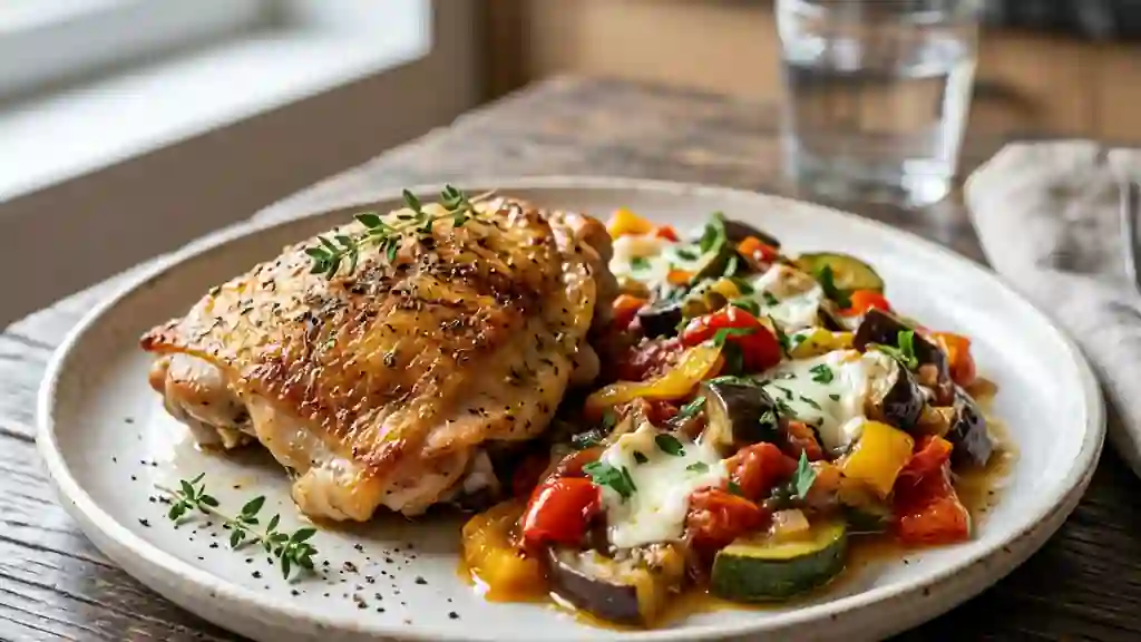 Poulet rôti et sa ratatouille crémeuse au chèvre - Photo de présentation