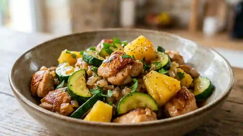 Sauté de poulet fondant, ananas et courgettes - Photo de présentation