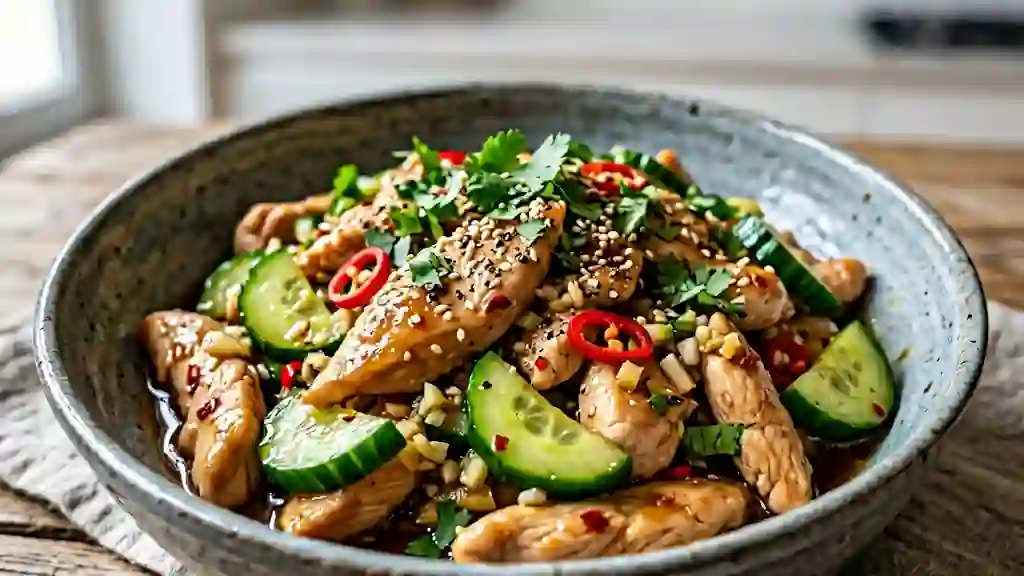 Wok de poulet gingembre et concombre croquant - Photo de présentation