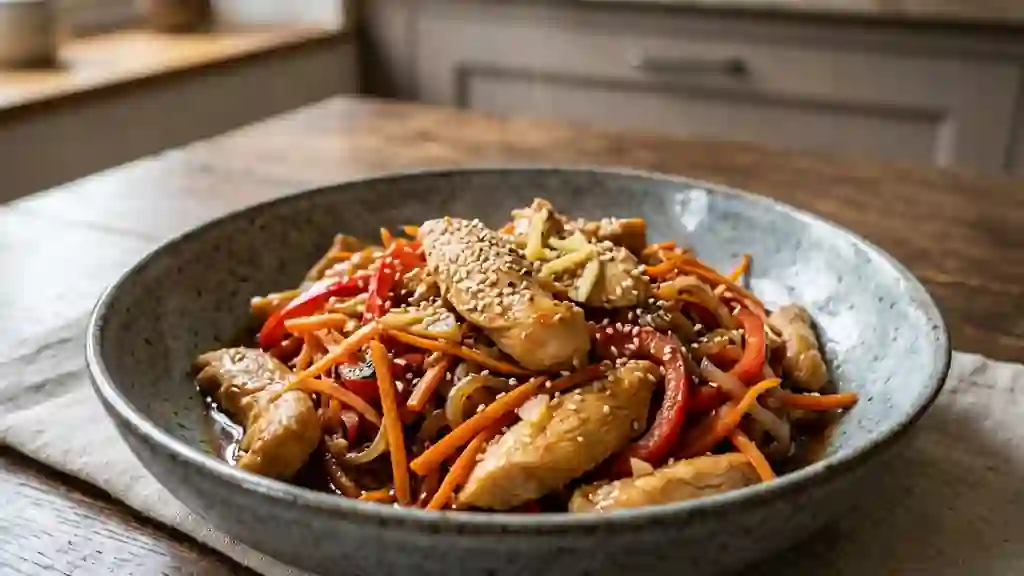 Poulet au soja laqué et légumes croquants - Photo de présentation
