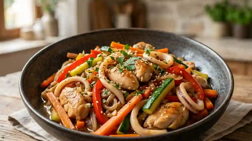 Sauté de poulet et calamar aux légumes croquants - Photo de présentation