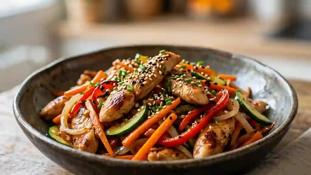 Poulet sauté et légumes croquants au wok - Photo de présentation