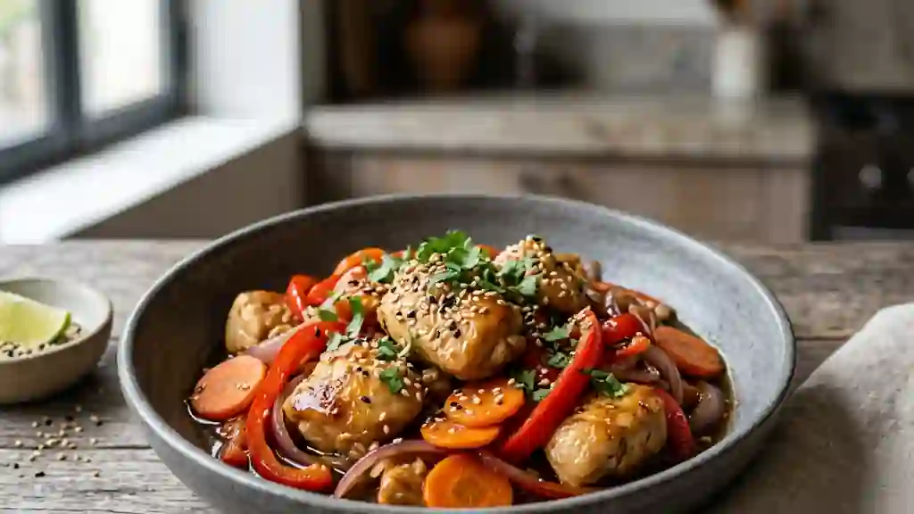 Wok de poulet fondant aux légumes croquants - Photo de présentation