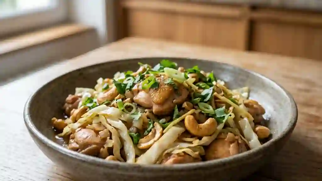 Poulet sauté aux noix de cajou et chou croquant - Photo de présentation