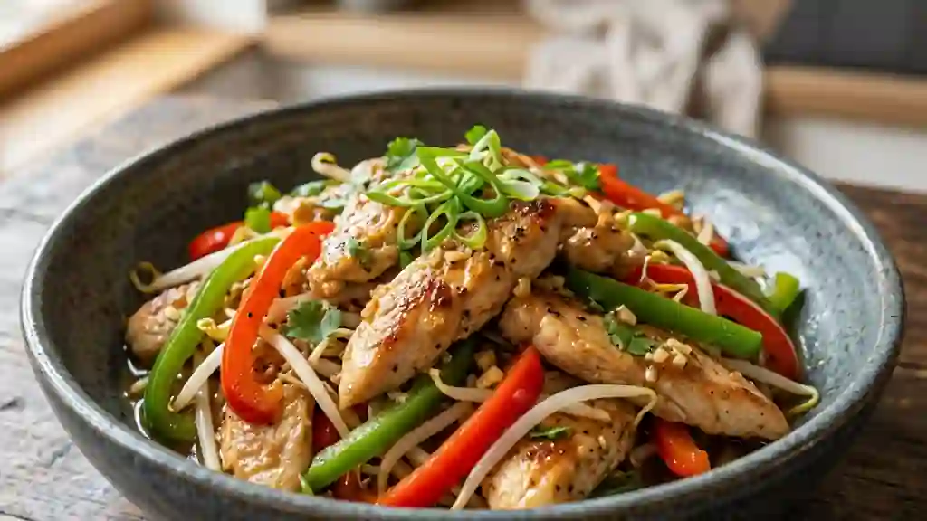Wok de poulet croquant aux poivrons et soja - Photo de présentation