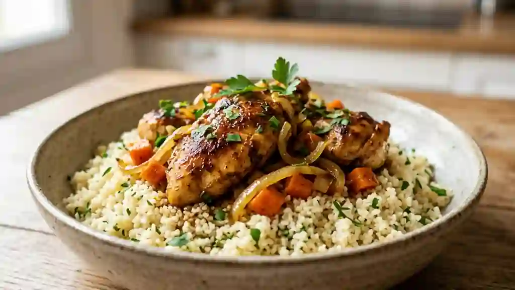 Poulet parfumé au ras el hanout et semoule fine - Photo de présentation