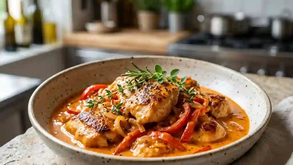 Poulet Victoria fondant à la crème et poivrons - Photo de présentation