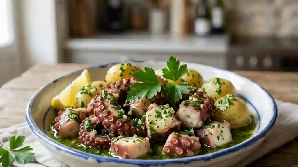 Poulpe fondant à la portugaise et sauce verte - Photo de présentation
