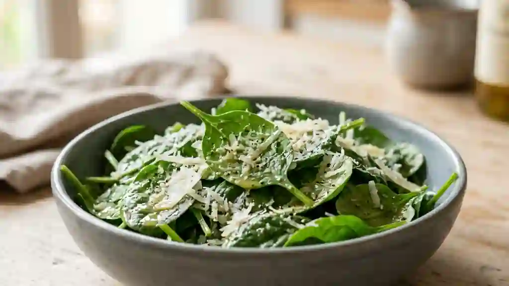 Pousses d'épinards au parmesan fondant - Photo de présentation