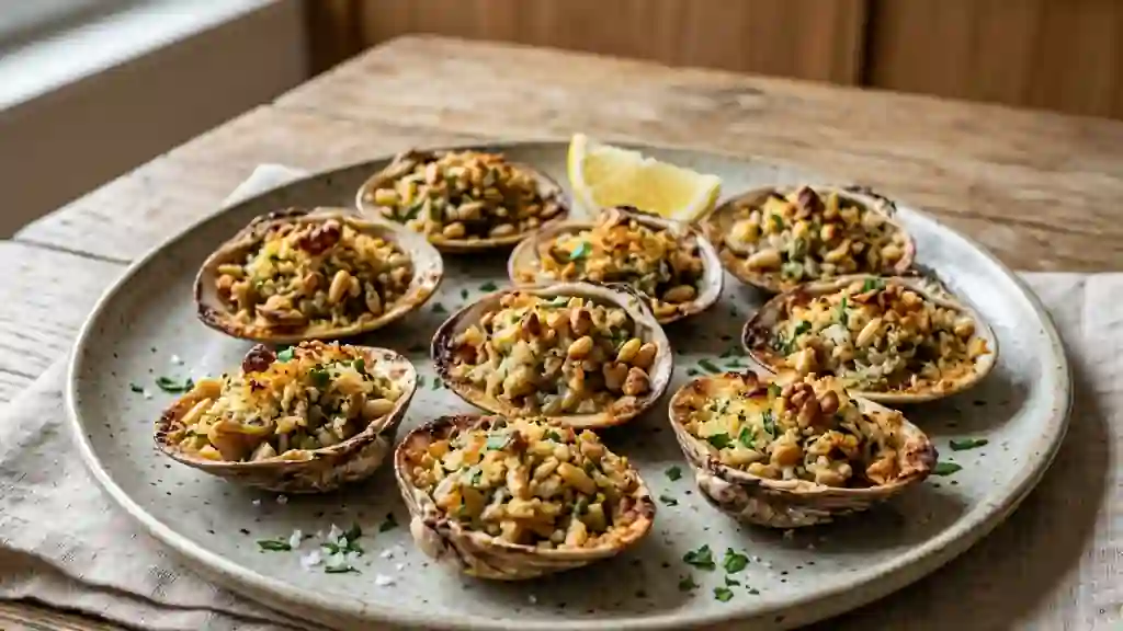 Praires farcies au croquant de noix et pignons - Photo de présentation