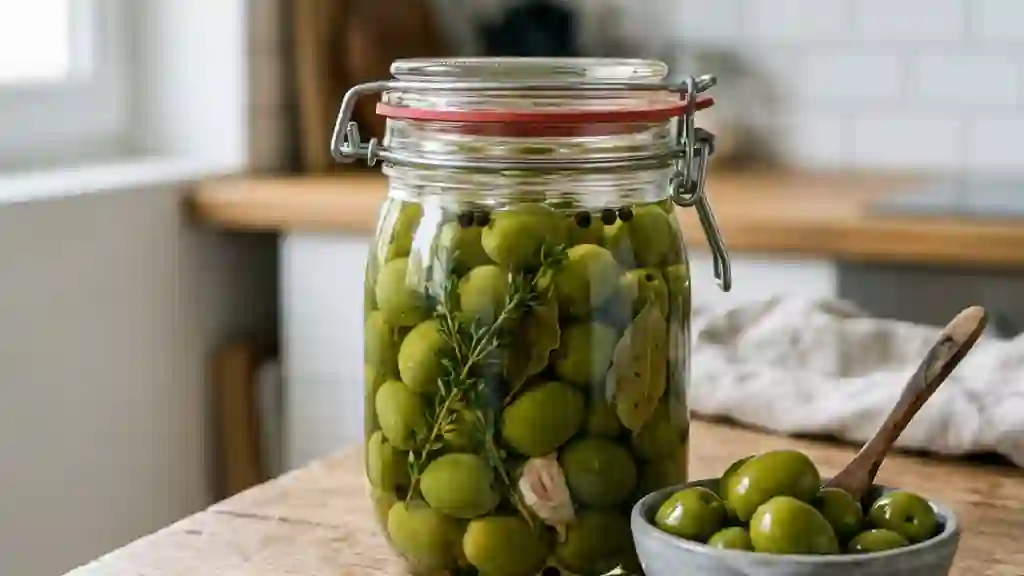 Olives vertes croquantes à l'ail et au thym - Photo de présentation