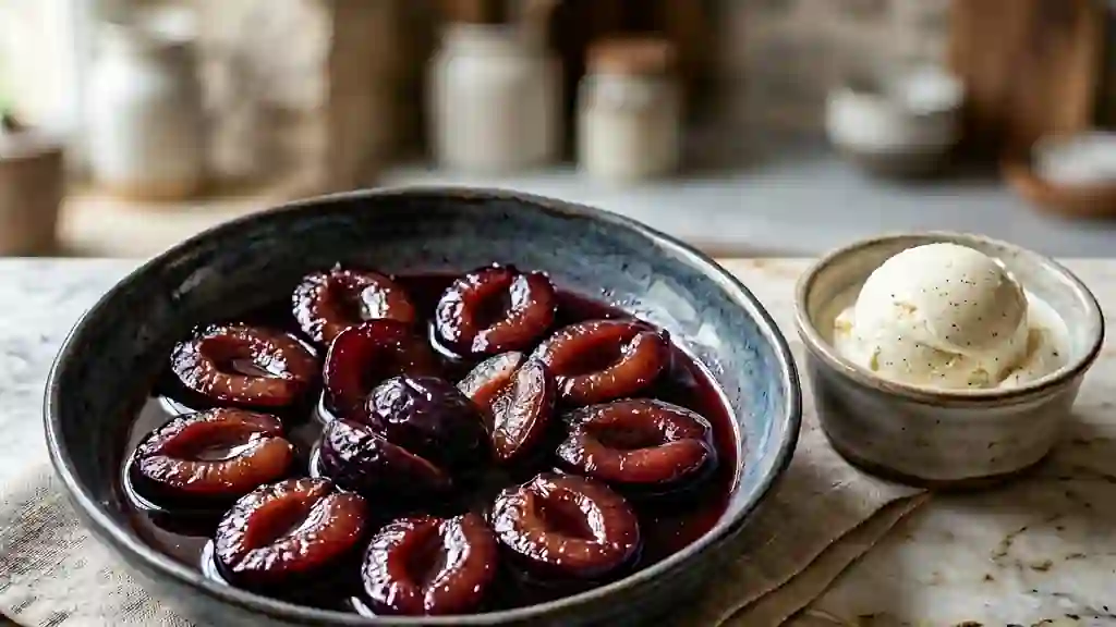Prunes fondantes au vin rouge épicé - Photo de présentation