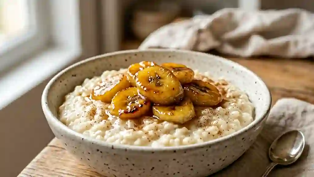 Riz au lait onctueux et bananes au caramel - Photo de présentation