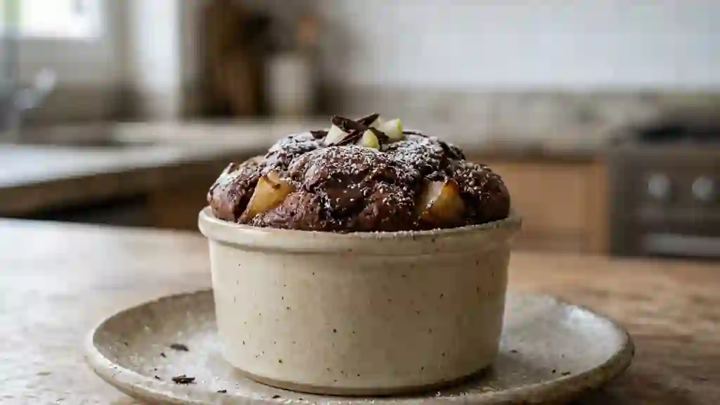 Pudding fondant poires et chocolat intense - Photo de présentation