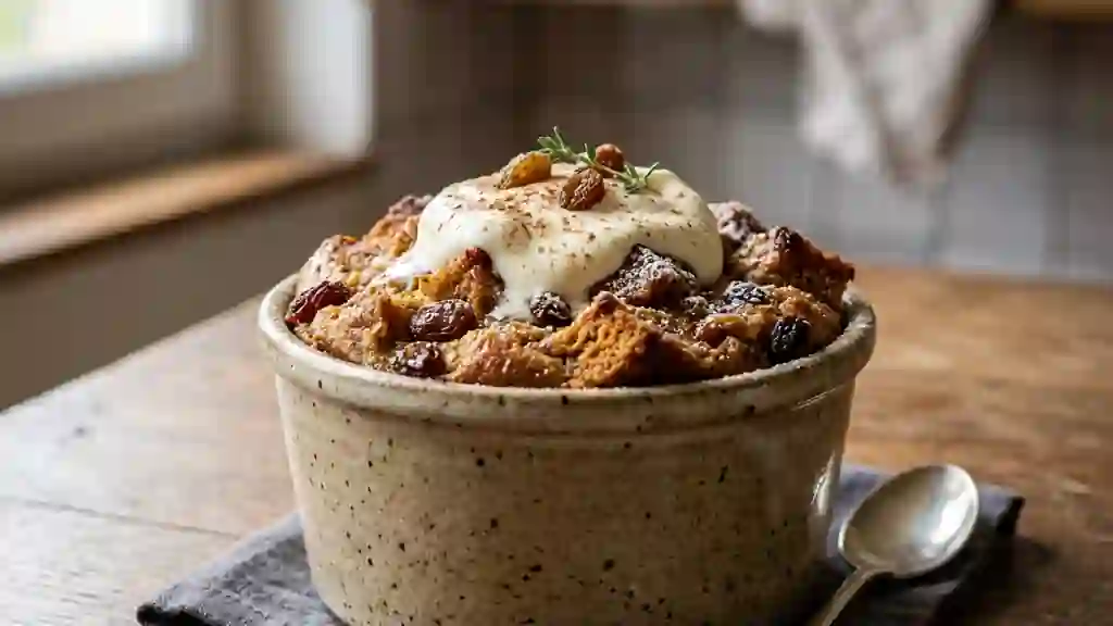 Pudding fondant au pain d'épices et raisins - Photo de présentation