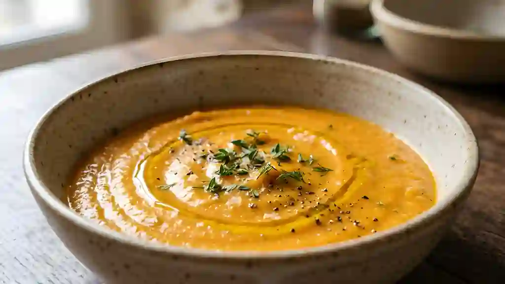 Purée de carottes soyeuse au bouillon de poule - Photo de présentation