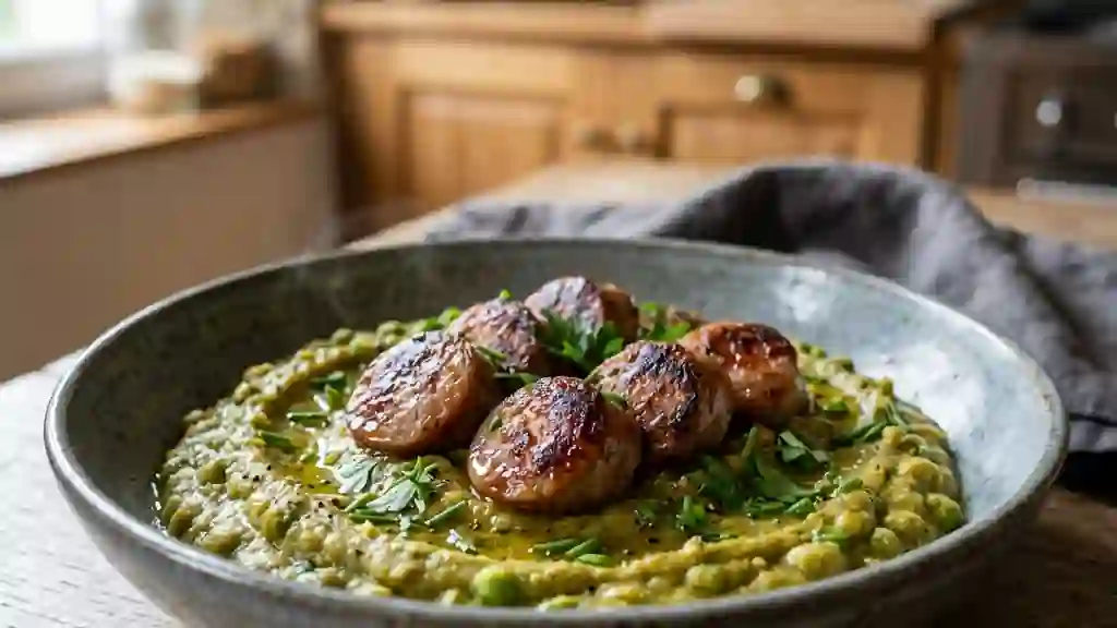 Purée onctueuse de pois cassés et saucisses - Photo de présentation
