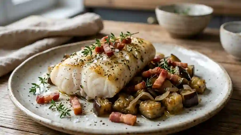 Lotte nacrée aux aubergines et lardons fumés - Photo de présentation